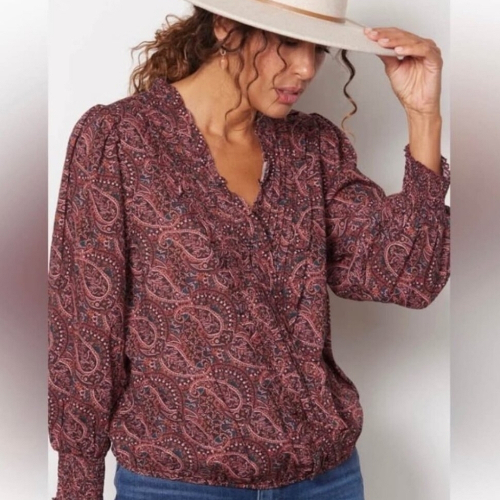 Evereve Anden Paisley Blouse Wrap V Neck Fall Maroon Cotton XL